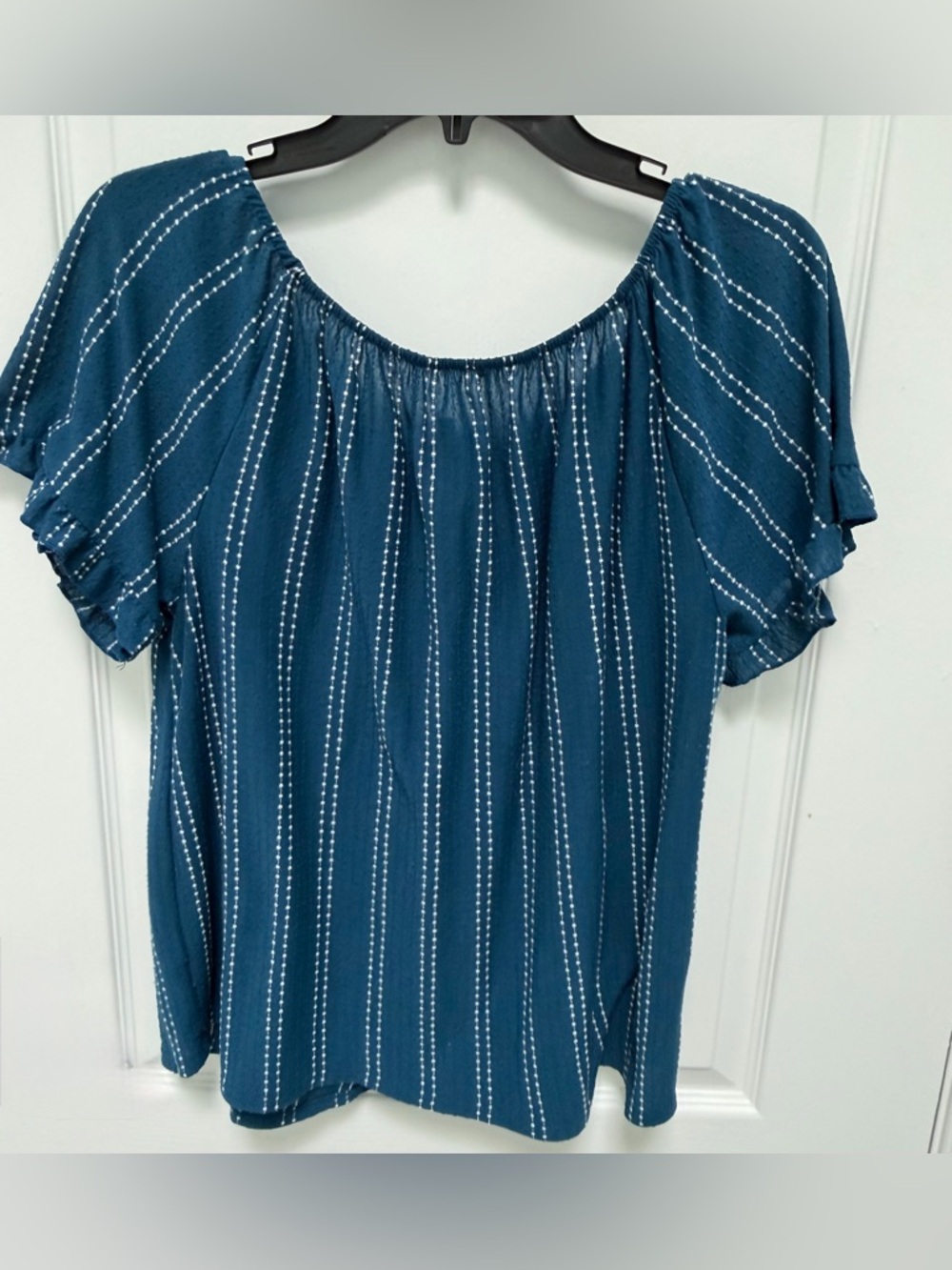 W5 Blue & White Stripe Peasant Blouse, Short Ruffle Sleeve, Women’s Size XL,